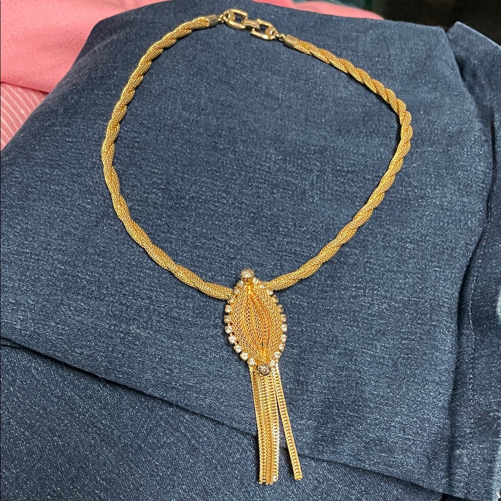 Vintage continental stamped Gold braided Necklace with Crystal Accents